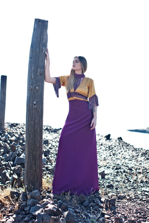 hera maxi mustard and purple dress front