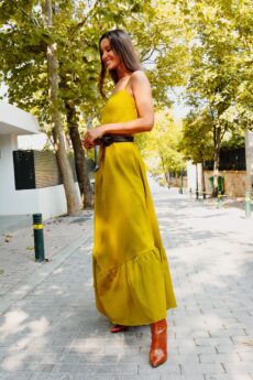 h-era mustard maxi ruffle dress