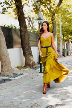 h-era mustard maxi ruffle dress