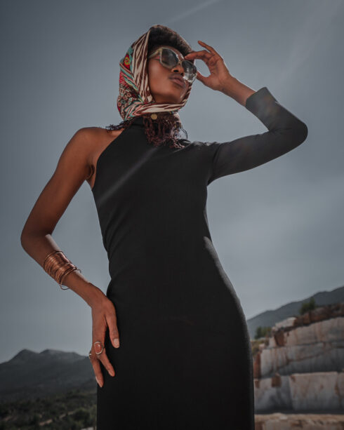 hera black one sleeve turtle neck dress