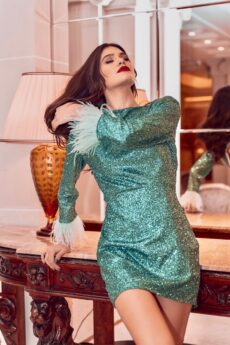 hera mini green glitter dress with feathers