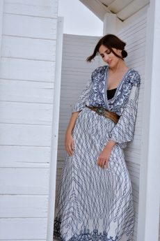 h-era white and blue kaftan dress