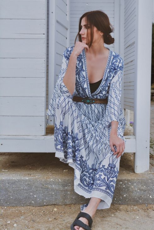 h-era white and blue kaftan dress