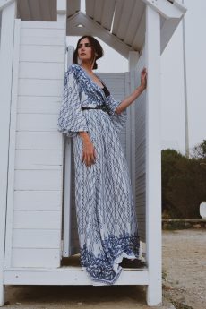 h-era white and blue kaftan dress