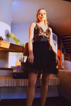 h-era black lace tulle dress