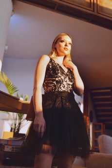 h-era black lace tulle dress