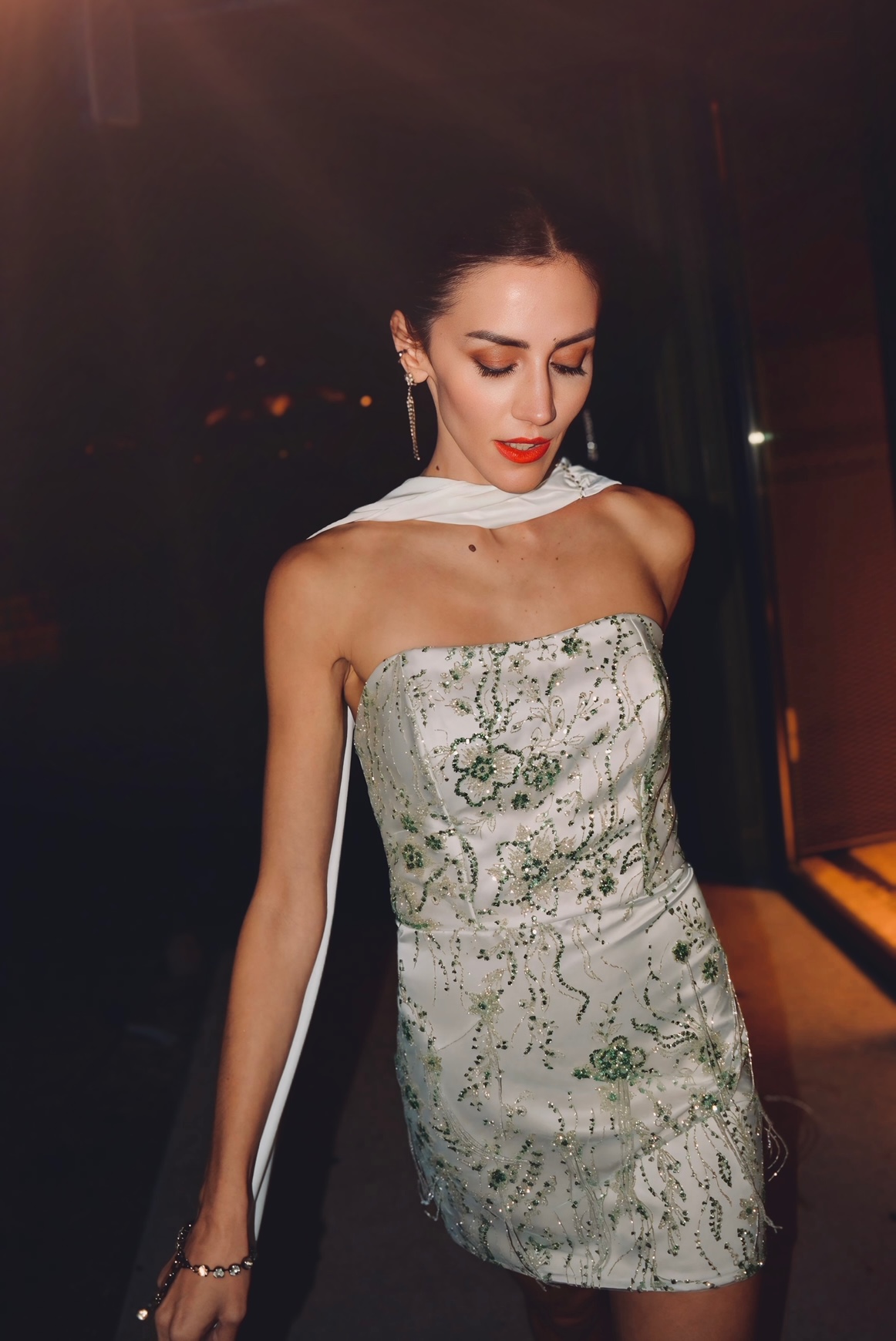 h-era white and mint strapless dress