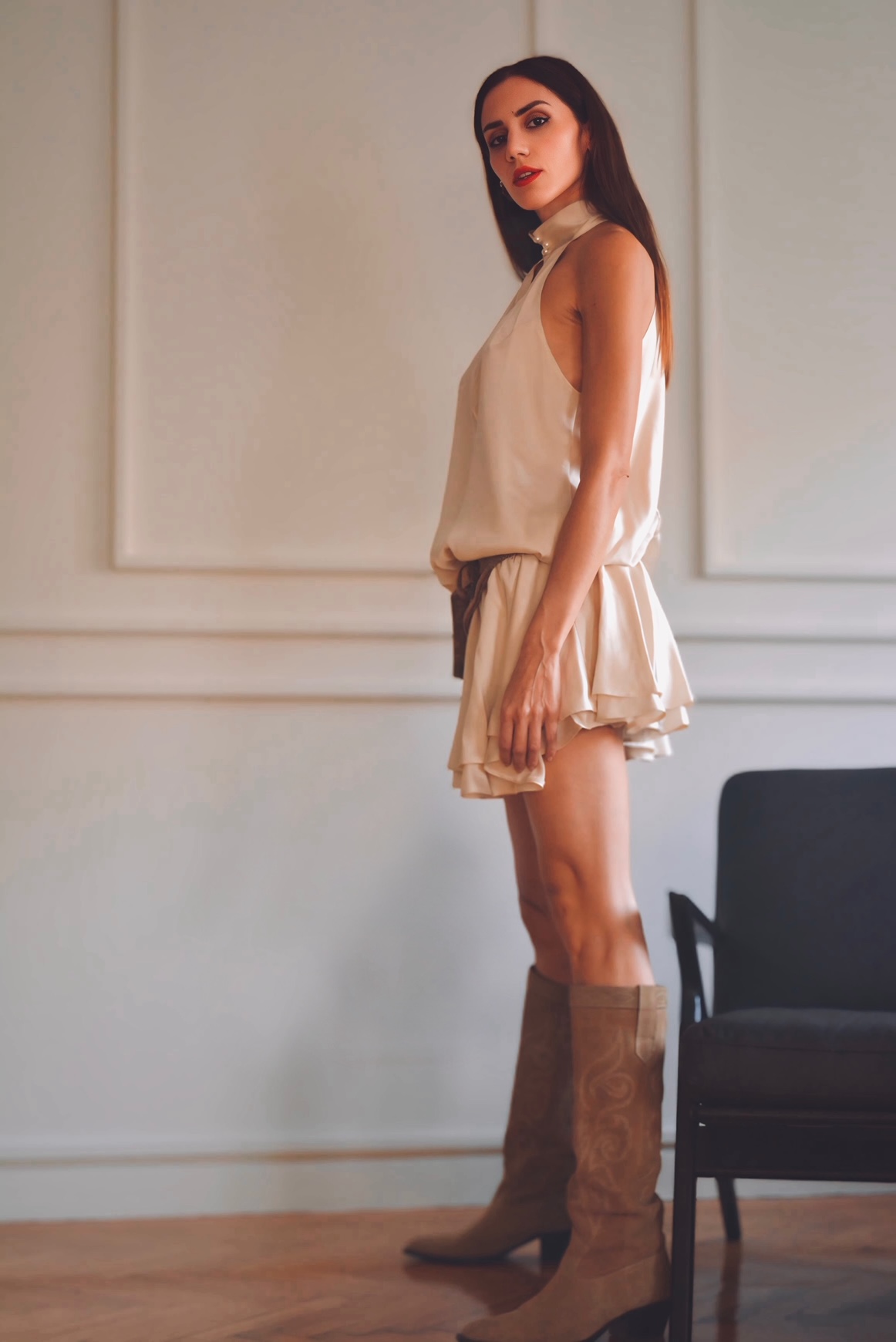 h-era ivory satin ruffle dress