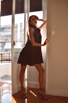 h-era black ruffle dress